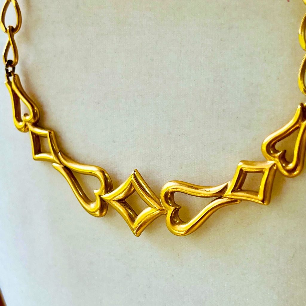 1980's Hearts And Diamonds Gold Monet Signed Choker Bib Necklace 16”